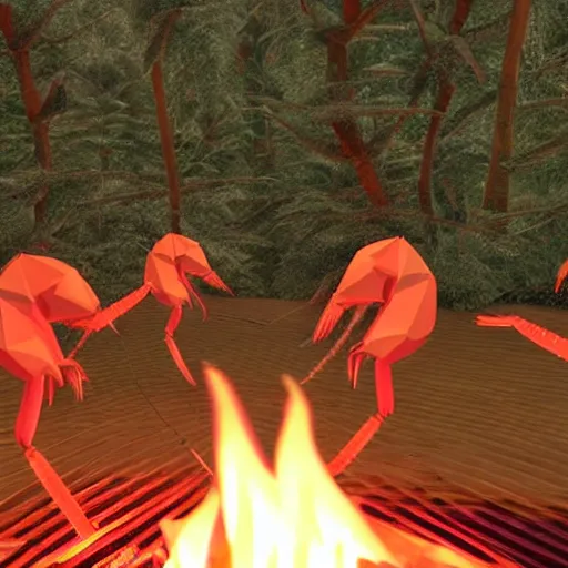 Prompt: real footage of low poly shrimps dancing around a campfire on the forest at night
