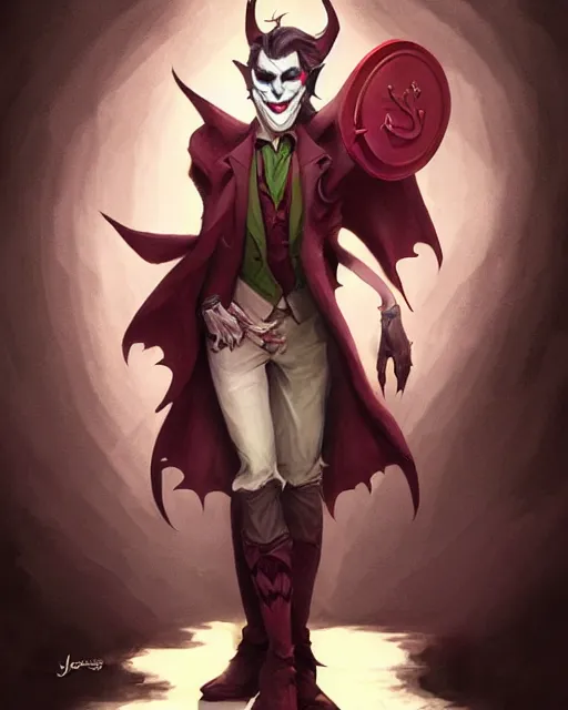 Image similar to Joker, pretty, beautiful, DnD character art portrait, matte fantasy painting, DeviantArt Artstation, by Jason Felix by Steve Argyle by Tyler Jacobson by Peter Mohrbacher by Q Hayashida by Vivziepop, cinematic lighting