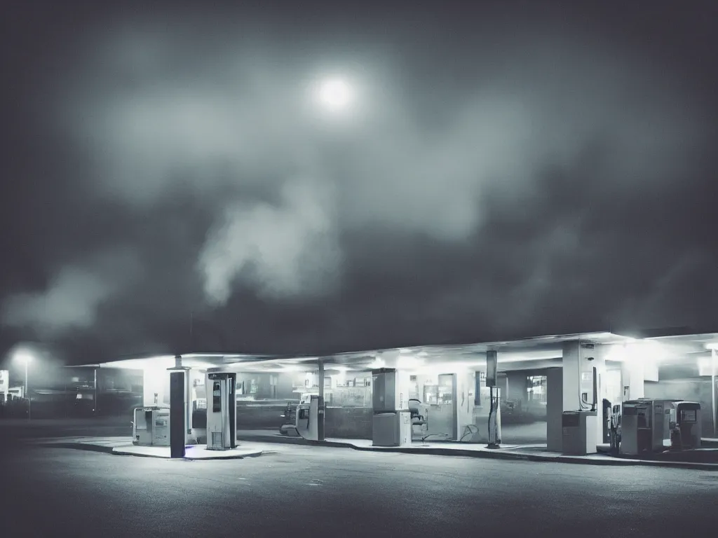 Prompt: “digital photography of gas station , fog, night, mood, atmospheric, full of colour, digital photography, finished in Lightroom”