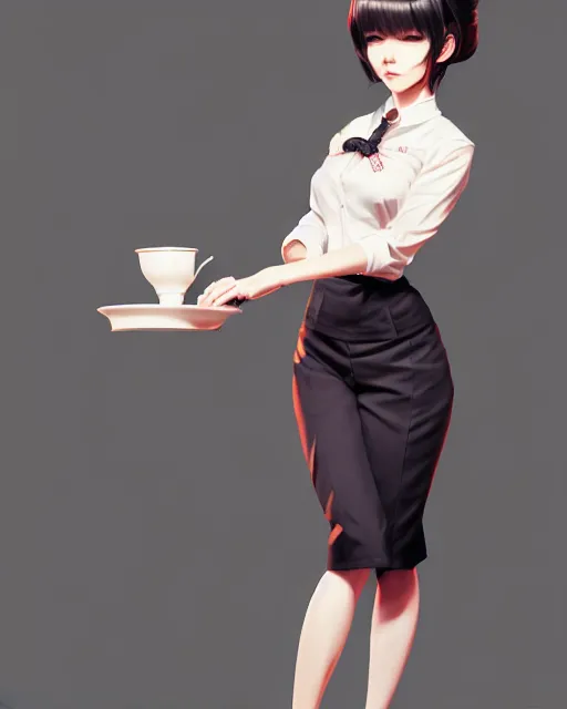 Prompt: full body shot of a beautiful tea hostess woman in work attire, art by saruei and guweiz and ilya kuvshinov, digital art, highly detailed, intricate, sharp focus, trending on artstation hq, deviantart, pinterest, unreal engine 5, 4 k uhd image