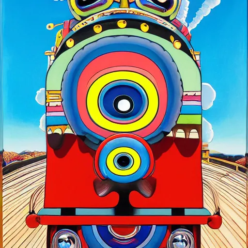 Prompt: beautiful painting of anthropomorphic steam railway engine monster truck snake oil salesman cowboy caveman hydra, neo - andean architecture art by takashi murakami, art by lisa frank, art by jacek yerka, art by victor moscoso. lifelike mechanical eyes. locomotive snake. trending on artstation, hyperrealism, 1 0 k