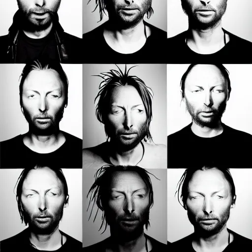 Image similar to overlapping sheets of random thom yorke, hyper realistic, many very random variations of thom yorke, various emotions, various poses, high quality photographs, mixed styles, intricate details, beautiful lighting