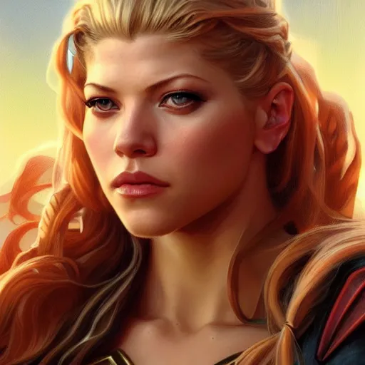 Prompt: beautiful Katheryn Winnick as Super Girl, western, closeup, D&D, fantasy, intricate, elegant, highly detailed, digital painting, artstation, concept art, matte, sharp focus, illustration, art by Artgerm and Greg Rutkowski and Alphonse Mucha