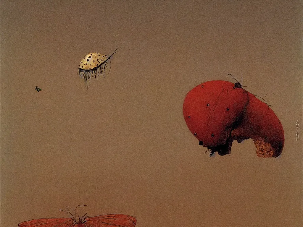 Prompt: The face of a strange puffy moth. Painting by Beksinski, Walton Ford