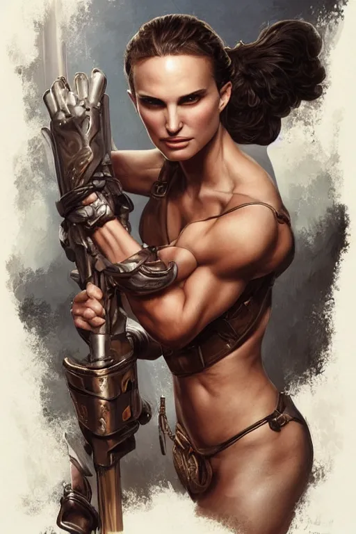 Image similar to muscled Natalie Portman as a ruggedly handsome hero, intricate, elegant, highly detailed, centered, digital painting, artstation, concept art, smooth, sharp focus, illustration, art by artgerm and donato giancola and Joseph Christian Leyendecker, Ross Tran, WLOP