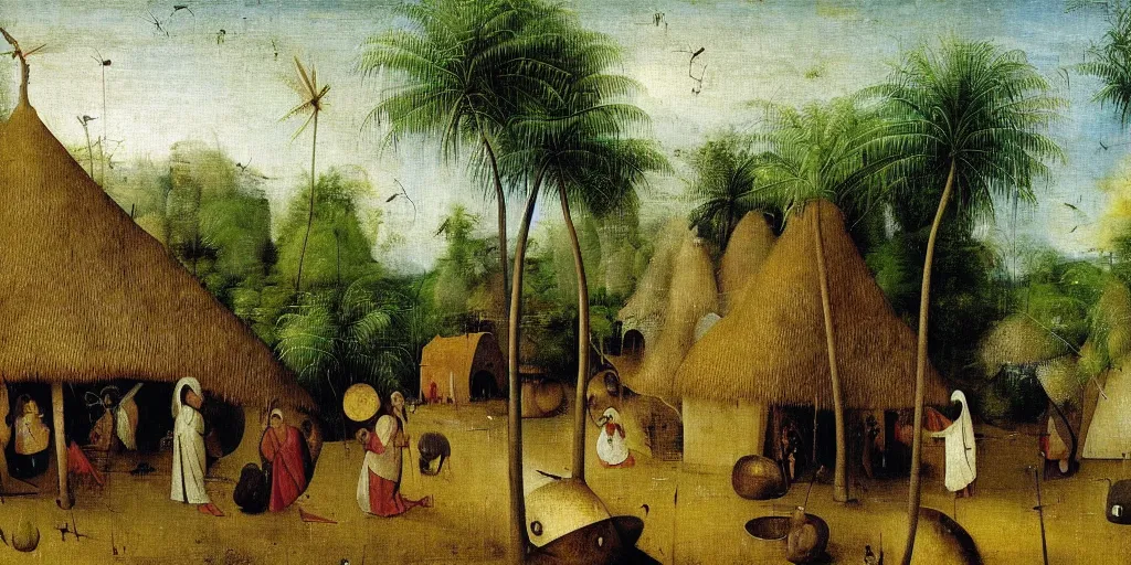 Image similar to painting of a kerala village by Hieronymus Bosch, with some coconut trees and thatched houses