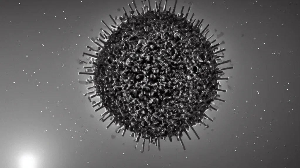 Prompt: a beautiful microscopic photo of a coronavirus seen through an electron microscope, dark, sinister, detailed, high contrast, art by Greg Rutkowski