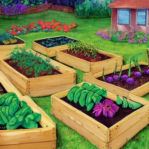 Prompt: raised garden beds full of tomotoes and string beans, concept art, illustrated, highly detailed, high quality, bright colors, optimistic,