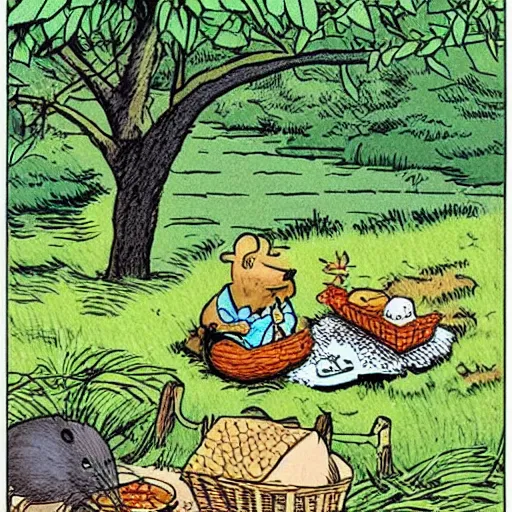 Prompt: “mole and water rat having a picnic under a tree on the river bank, coloured storybook illustration from wind in the willows, by herge (tintin)”