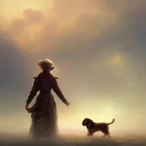 Image similar to cinematic shot epic portrait an female traveller pets a puppy near a village, sunny, cute, fluffy, broad light, ambient occlusion, volumetric light effect, made by ivan aivazovsky, peter mohrbacher, greg rutkowski, matte painting, trending on artstation, 4 k, perfectly defined features, digital painting, cinematic, epic, highly detailed,