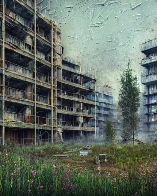 Prompt: a beautiful photorealistic illustration of unfinished building industrial architecture building urbex nature architecture city village by denis sarazhin, alien nature crystal san andreas laser rainforest mercury meadow cosmic landscape tundra bladerunner 2 0 4 9 flowers thermal imaging thermal vision, archdaily, wallpaper, highly detailed, trending on artstation.
