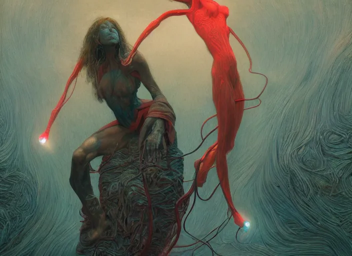 Image similar to Portrait Masterpiece, Wanda Maximoff, furious, red and cyan, glowing, wires everywhere, by Edgar Maxence and Ross Tran, Zdzisław Beksiński, and Michael Whelan, distant, gustav dore, H.R. Giger, 8k, octane render