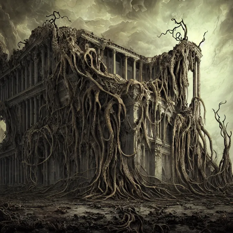 Prompt: ribbed surreal melting abandoned giant building, baroque painting, covered with tentacles, roots, standing in a desolate empty wasteland, creepy, nightmare, dream-like heavy atmosphere, surreal abandoned buildings, beautiful detailed intricate insanely detailed octane render trending on Artstation, 8K artistic photography, photorealistic, chiaroscuro, Raphael, Caravaggio, Beksinski, Giger