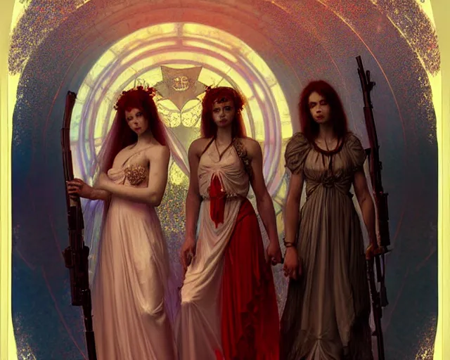 Image similar to three soldiers with beautiful angelic faces, wearing psychedelic wicca, in wedding dresses, red neon weapons, full body, dark and mysterious, atmospheric, ominous, eerie, cinematic light, epic, 8 k 3 d, ultra detail, ultra realistic, by wlop, by mucha, by giger