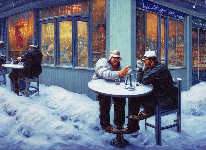 Image similar to a painting of two men sitting at bar during a blizzard by Michael Whelan, dim lighting, ominous tone.