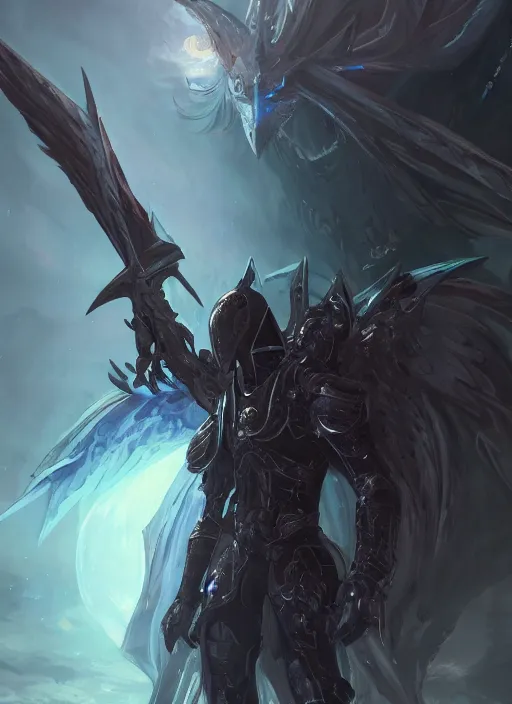 Prompt: dark seraphim knight in light armor wielding a magical lance slaying a sky beast full body silhouette. dark water, cyberpunk pearl armor, futuristic fantasy, highly detailed, digital painting, trending on artstation, concept art, sharp focus, illustration, art by artgerm and nixeu and greg rutkowski and magali villeneuve.