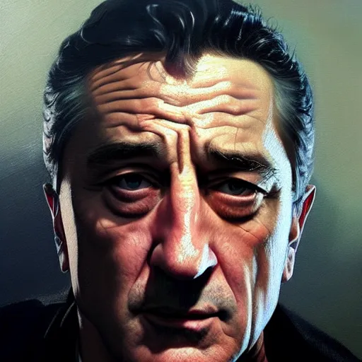 Prompt: realistic portrait of young robert de niro, trending on artstation, low angle oil painting and composition laws, cinematic lighting, hyperdetailed, cgsociety, 8 k