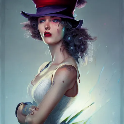 Prompt: realistic, full body portrait, alt female, mad hatter, style of by Jordan Grimmer and greg rutkowski, crisp lines and color,