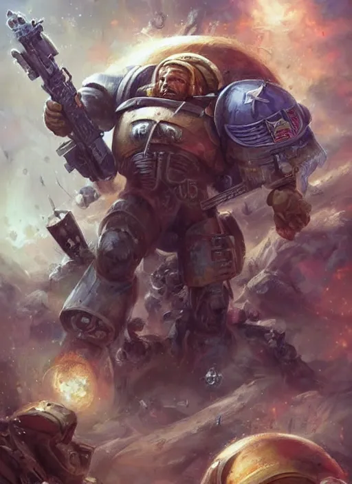 Image similar to donald trump as space marine, space marine, cute and adorable, pretty, beautiful, matte fantasy painting, deviantart artstation, by jason felix by steve argyle by tyler jacobson by peter mohrbacher, cinema