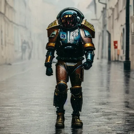 Prompt: a man wearing futuristic space marine armor walks down a rainy street in prague, photography, movie still, dslr 5 5 mm, 4 k