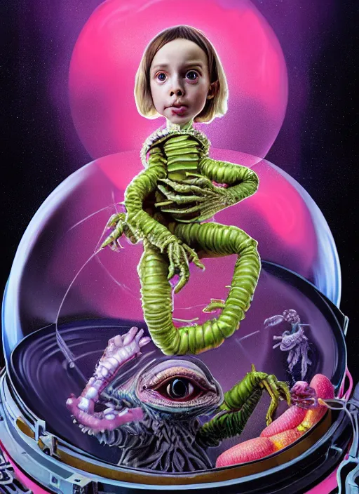 Image similar to hyper detailed 3d render of like a chiaroscuro oil painting - kawaii portrait inside spaceship (an astronaut queen with advanced suit like a robot skeksis from dark crystal that looks like millie bobby brown and Krysten Ritter) seen Eating of the Strangling network of yellowcake aerochrome and milky Fruit and His delicate Hands hold of gossamer polyp cenobite bring iridescent fungal flowers whose spores black the foolish stars by Jacek Yerka, Ilya Kuvshinov, Mariusz Lewandowski, Houdini algorithmic generative render, Abstract brush strokes, Masterpiece, Edward Hopper and James Gilleard, Zdzislaw Beksinski, Mark Ryden, Wolfgang Lettl, hints of Yayoi Kasuma, octane render, 8k