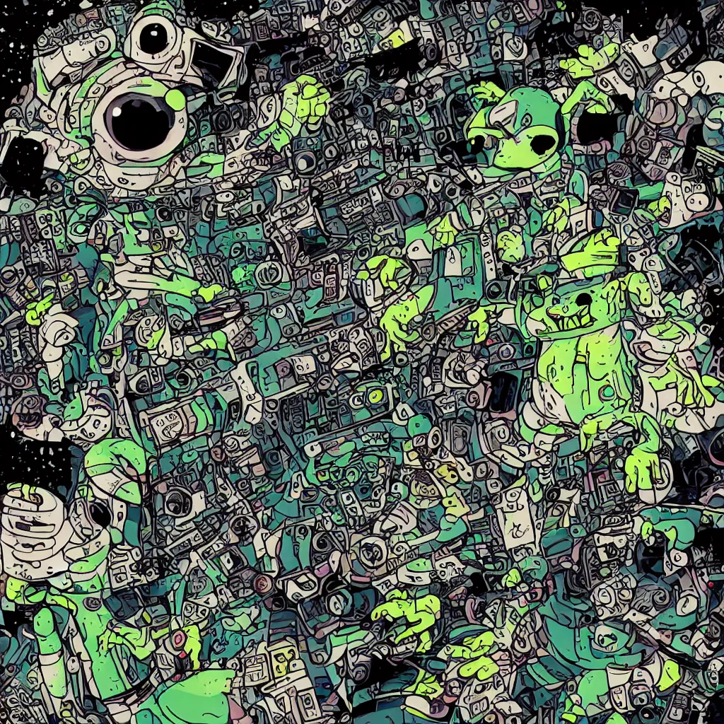 Image similar to a toad wearing headphones, ryuta ueda artwork, breakcore, style of jet set radio, y 2 k, gloom, space, cel - shaded art style, record store, data, minimal, code, cybernetic, dark, eerie, cyber