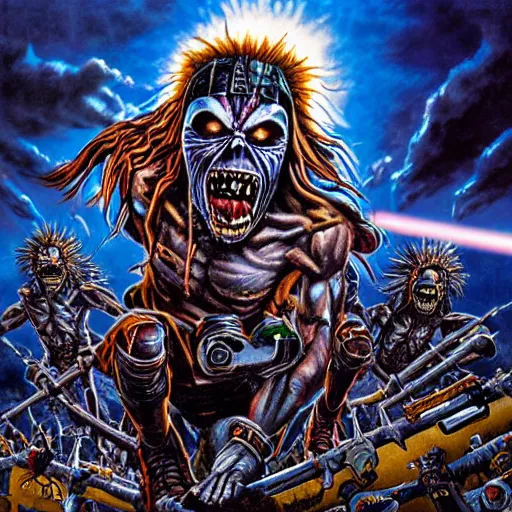 Image similar to iron maiden album cover, science - fiction futuristic apocalyptic war scene with explosions, soldiers firing