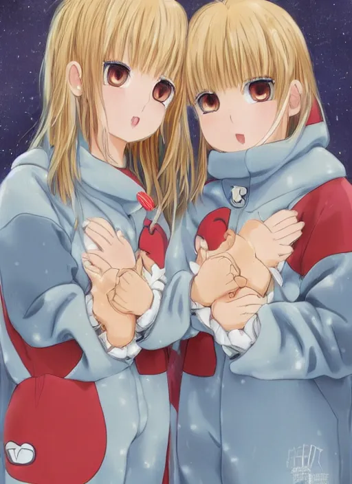 Image similar to highly detailed portrait of one blonde haired blue eyed and one brown haired brown eyed anime girl in animal themed onesies holding hands looking at us, happy, excited, digital art, cute, anime, detailed faces, well drawn faces, cute faces, hand drawn, 8 k, trending on artstation, detailed eyes, official media, by hayao miyazaki