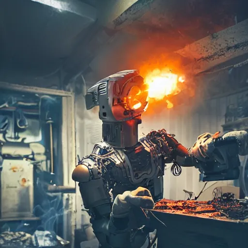 Image similar to cyborg with toaster oven chest, dark messy smoke - filled cluttered workshop, dark, dramatic lighting, orange tint, sparks, cinematic, highly detailed, sci - fi, futuristic, movie still