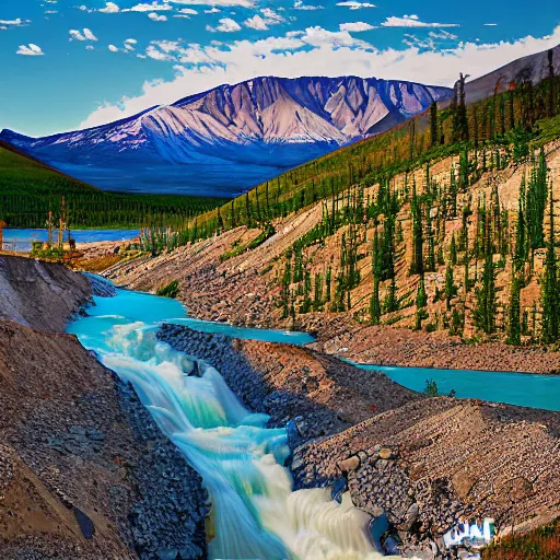 Prompt: A cement factory next to river rapids in the Yukon, by Tyler Edlin, vibrant colors