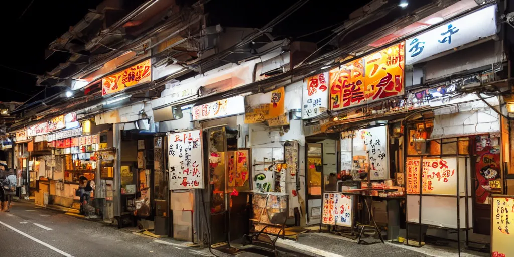 Prompt: japanese street food restaurant at nighttime, outside