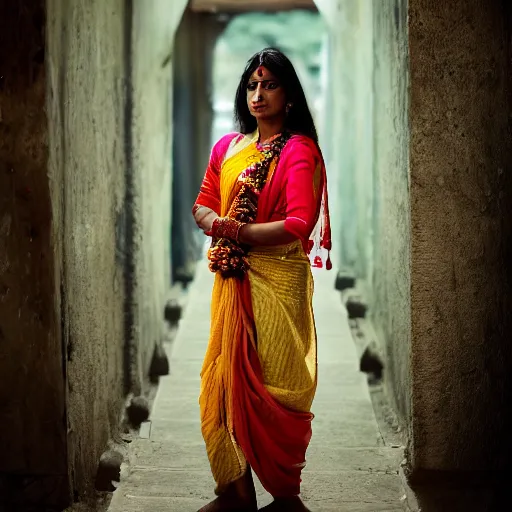 Image similar to A beautiful indian woman wearing traditional clothes half immerged in the Ganges river looking at the camera with an hypnotizing glare. CANON Eos C300, ƒ4, 15mm, natural lights