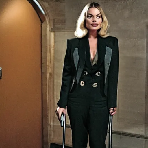 Prompt: margot robbie with a mustache, pimp suit and cane