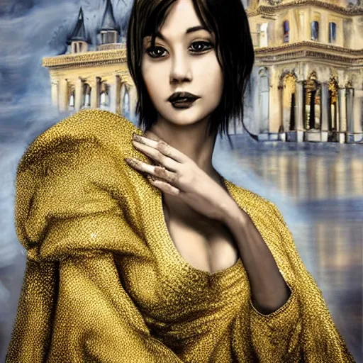 Image similar to a girl with short hair, dressed in a black gauze with golden scales on her clothes, a palace in the background, beautiful bust illustrations, top lighting, highly detailed, perfect shadows, soft paintings, the art of mel milton
