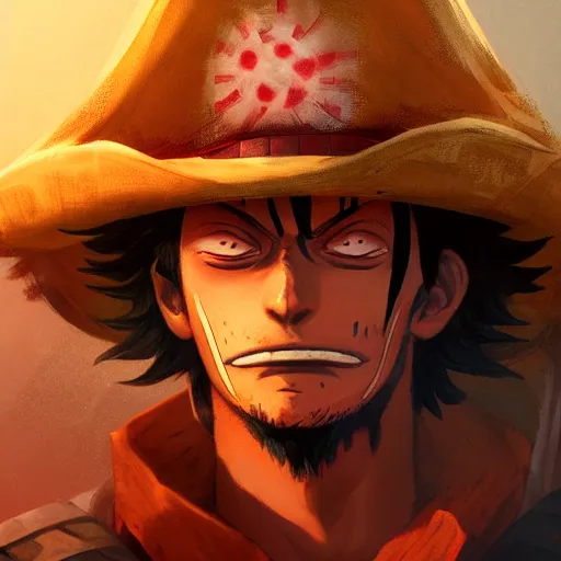 Image similar to closeup portrait of strawhat luffy, dramatic lighting, pirate background, artstation, high detail, by greg rutkowski