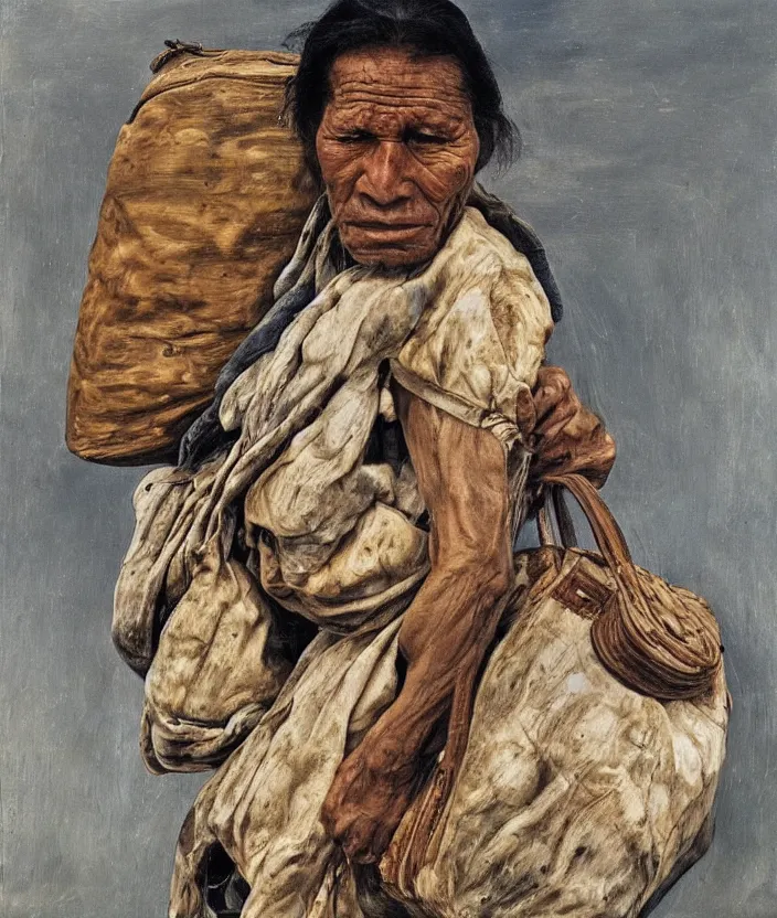 Prompt: indigenous man carrying a lot of bags, painted by lucian freud, hd, super detailed, realistic, muted colors