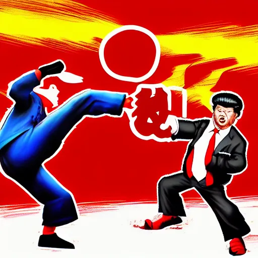 Image similar to xi jinping vs donald trump, street fighter, fight, fistfight, digital art