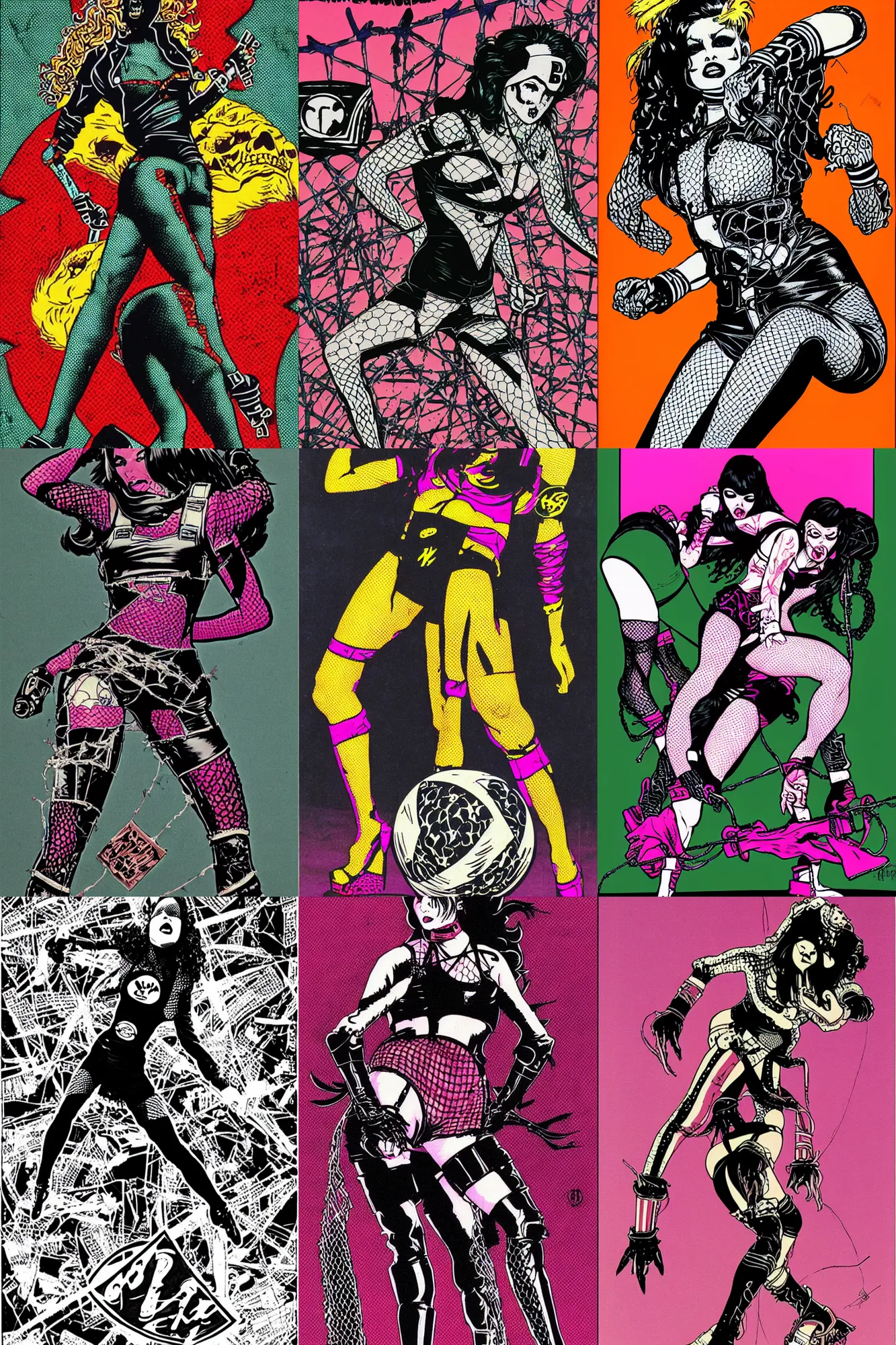 Prompt: goth girl roller derby girl sprinting Cross-Over, full length portait, fishnet tights, torn, ripped, logo design by Philippe Caza, 1980s