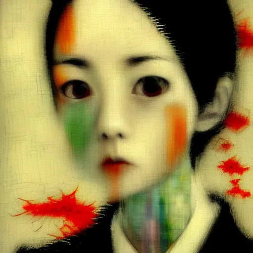 Image similar to yoshitaka amano blurred and dreamy realistic three quarter angle portrait of a young woman with short hair and black eyes wearing office suit with tie, junji ito abstract patterns in the background, satoshi kon anime, noisy film grain effect, highly detailed, renaissance oil painting, weird portrait angle, blurred lost edges