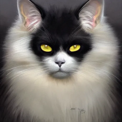 Image similar to a big dark old menacing, yellow eyed, grey cat with white belly, white paws and white face markings with long fur and fluffy tail sitting, intricate, elegant, highly detailed, digital painting, artstation, concept art, matte, sharp focus, illustration, art by Artgerm and Greg Rutkowski and Alphonse Mucha