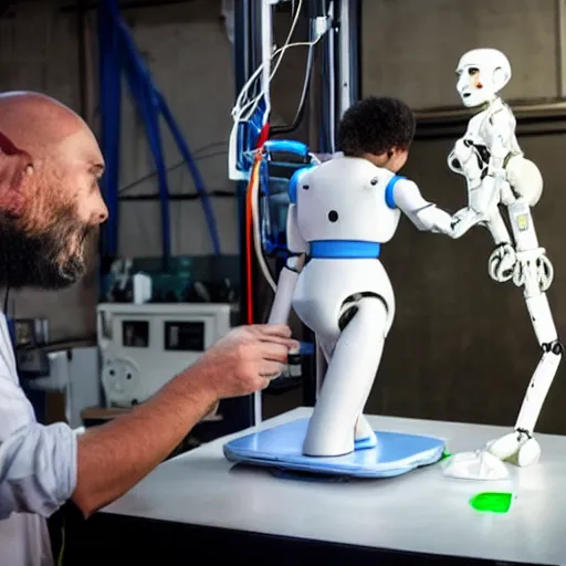 Image similar to a futuristic mechanic scientist constructing a humanoid robot in a 3 d printer