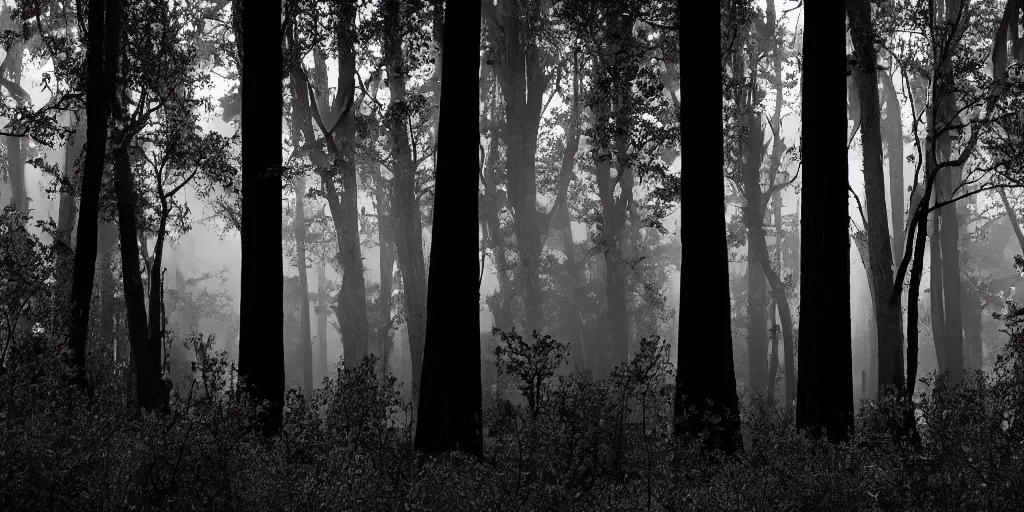 Prompt: silhouette spirits with glowing eyes in the dark northern California woods at night