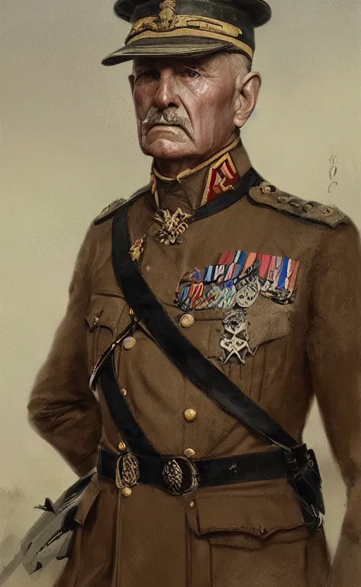 Prompt: official portrait of a WWI General, male, detailed face, 20th century, highly detailed, cinematic lighting, digital art painting by greg rutkowski