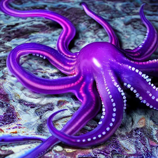 Image similar to a photo of 8k ultra realistic evil purple squid, full body, intricate purple and blue tentacles, ornate