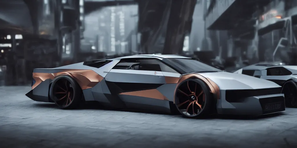 Prompt: a design of a futuristic DMC Delorian, designed by Polestar, blade runner background, back view, light copper car paint, black windows, sportscar, black show room, dramatic lighting, octane rendering, unreal engine rendering, hyper realistic render, depth of field, octane rendering