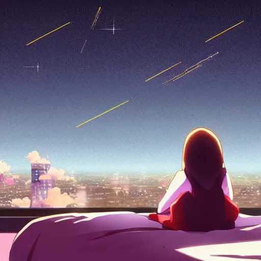 Image similar to advanced digital anime art, pixiv, girl sitting under a slanted window on bed looking at the night sky as two meteors fly over leaving a light trail behind them.