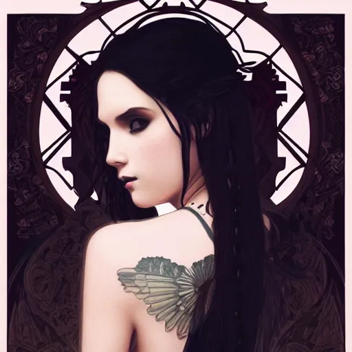 Prompt: a vector illustration of a sad goth girl with tattoo, intricate, elegant, highly detailed, digital painting, artstation, smooth, sharp focus, vector illustration, art by artgerm and greg rutkowski and alphonse mucha and william - adolphe bouguereau