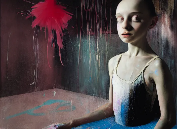 Prompt: portrait of nervous young girl ballerina sitting on the floor focusing in a dance hall by beeple and hernan bas and francis bacon and pat steir and hilma af klint, psychological, photorealistic, symmetrical face, dripping paint, washy brush, matte painting, rendered in octane, altermodern, masterpiece