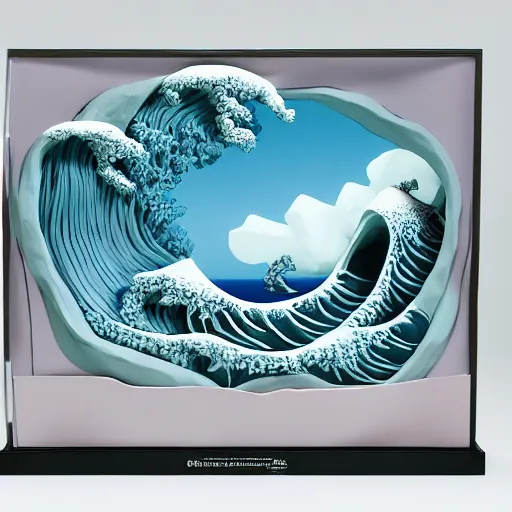 Prompt: claymation, 3 d clay sculpture of ocean waves, by nick park, aardman studios, made of clay, inspired by hokusai ’ s great wave, detailed, full - screen