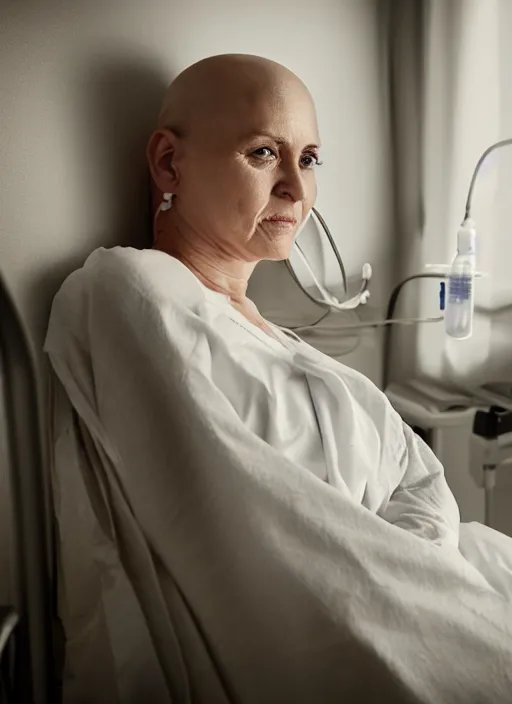 Image similar to medium shot, photo of a beautiful bald 4 0 year old woman hospital patient sitting in a hospital room, wearing a hospital gown, with an iv drip, hopeful. studio lighting, 3 5 mm, marketing photo by charlie waite, max rive, caroline foster.